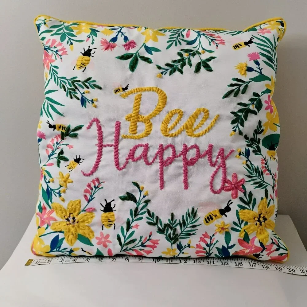 Bee Happy Embroidered Throw Pillow With Floral & Bee Design, Cottagecore Decor